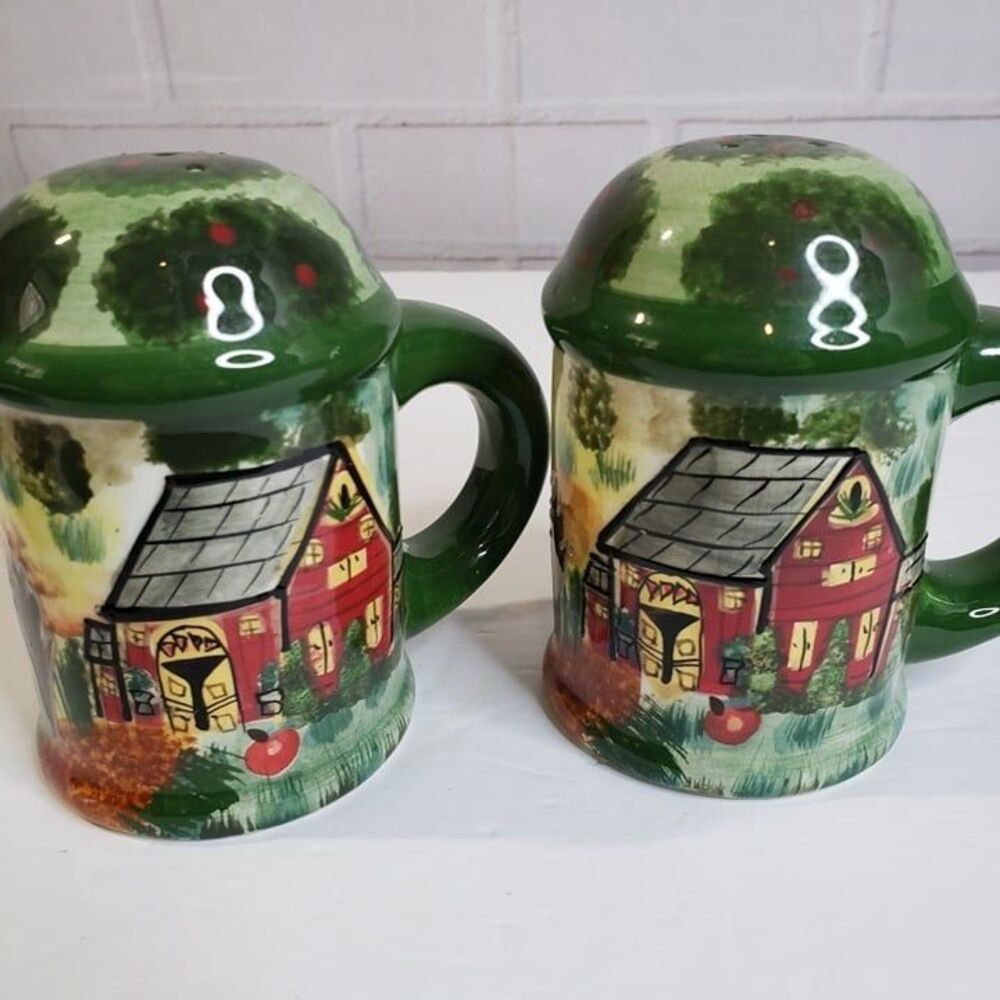 Quaint Farmhouse Red Barn Salt & Pepper Shaker Set Ceramic with Green Handles